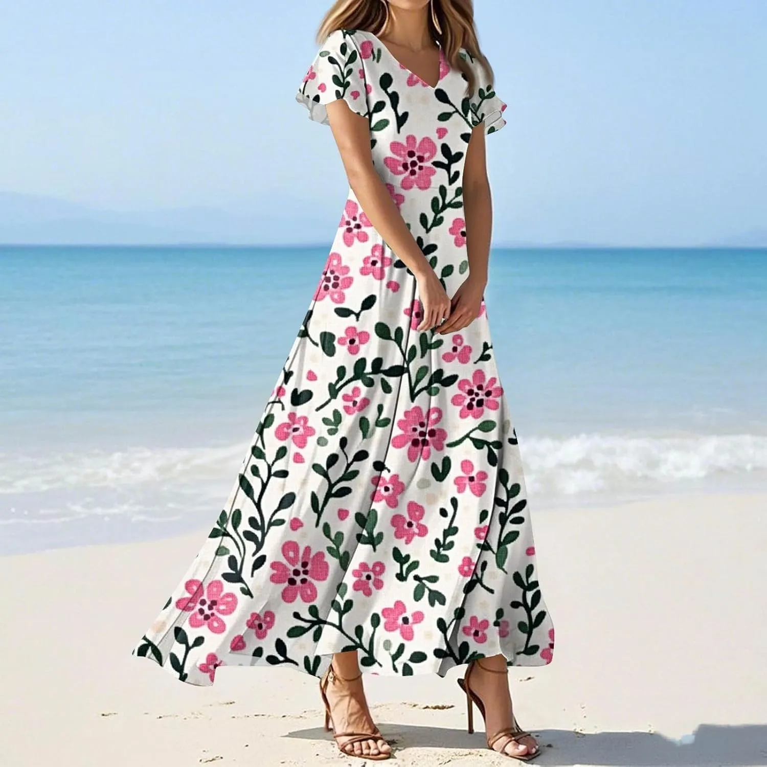 Beautiful School Tunic Dress Woman Wide Sleeve Crops Sheer Dress Lady Floral Printed Soft Summer High Waist Dresses
