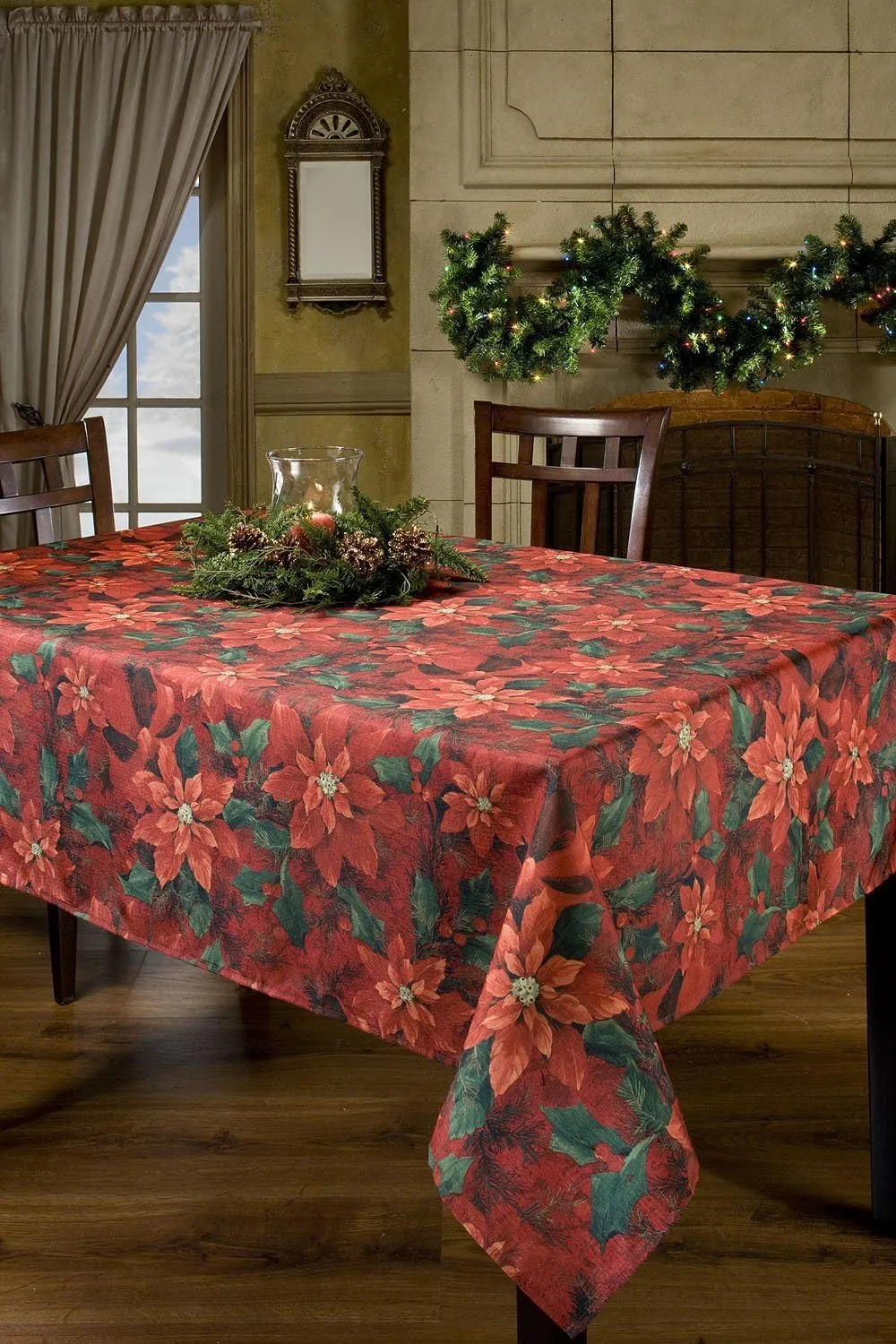 Benson Mills PoinSetta Elegance Printed Fabric Tablecloth, 60-Inch-By-84 Inch
