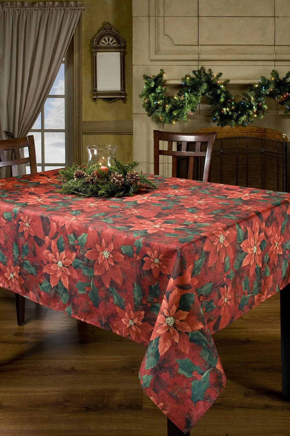 Benson Mills PoinSetta Elegance Printed Fabric Tablecloth, 60-Inch-By-84 Inch