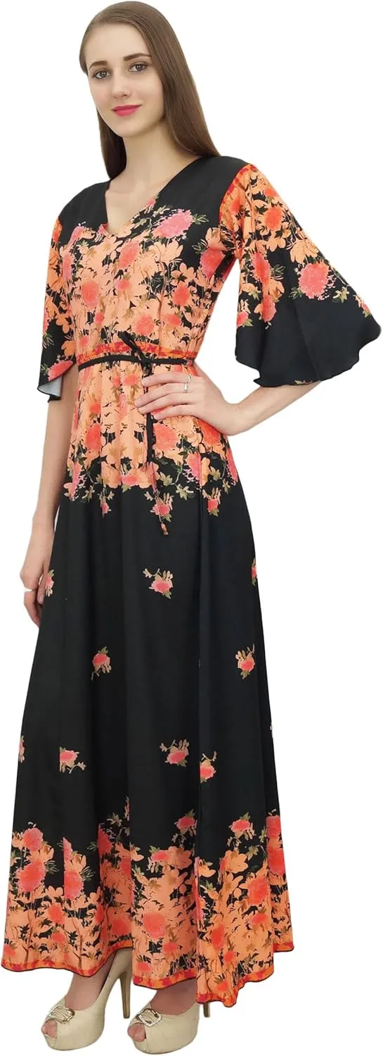 Bimba Women's Casual Floral Digital Printed Long Moss Georgette Dress