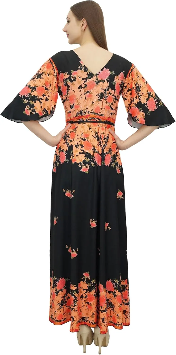Bimba Women's Casual Floral Digital Printed Long Moss Georgette Dress