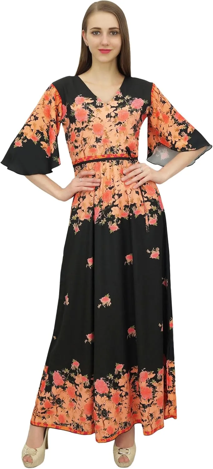 Bimba Women's Casual Floral Digital Printed Long Moss Georgette Dress