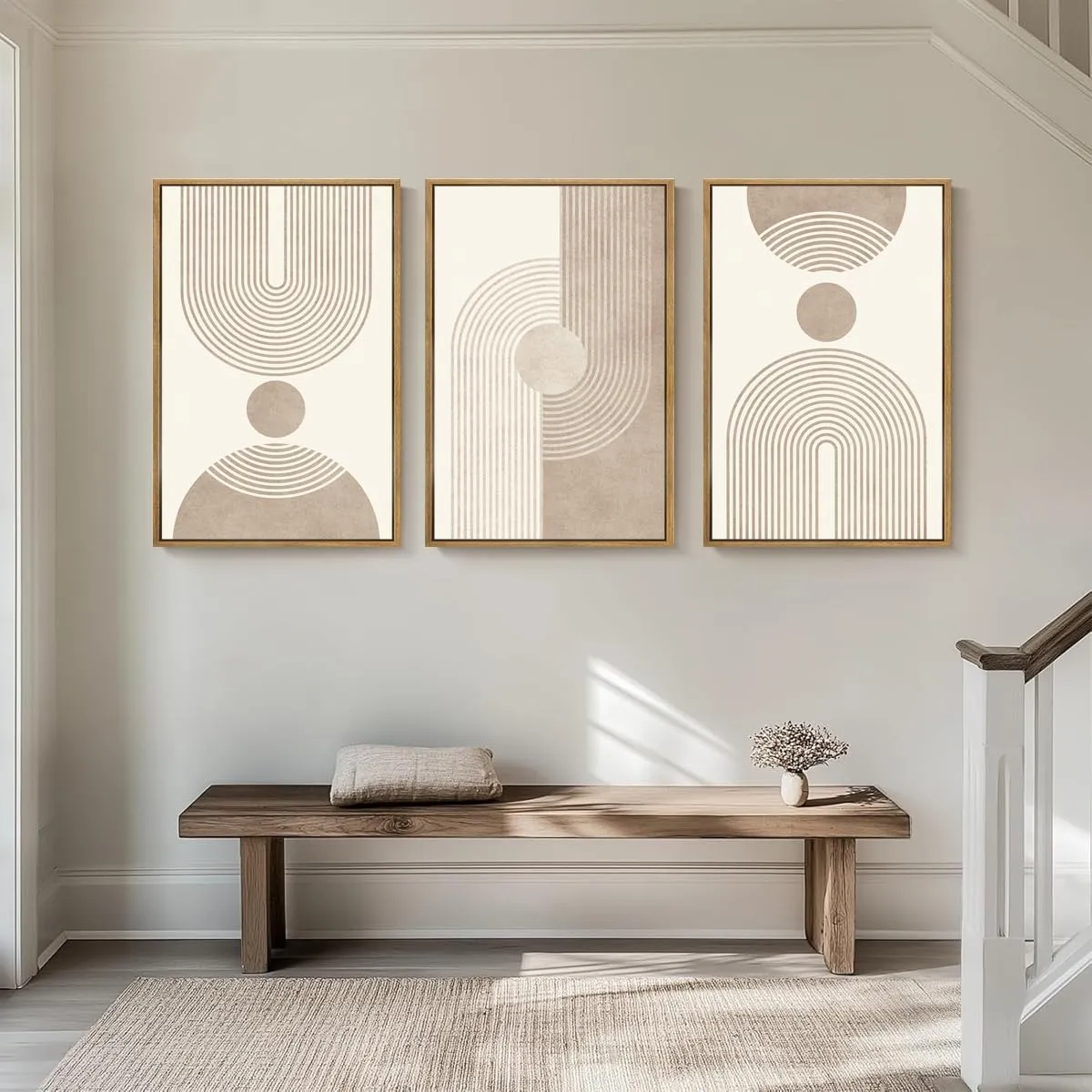BINCUE Beige Neutral Canvas Wall Art Framed Geometric Abstract Wall Decor Mid Century Modern Artwork Wall Decor for Living Room Bedroom Office 16"x24" Set 3 Gift