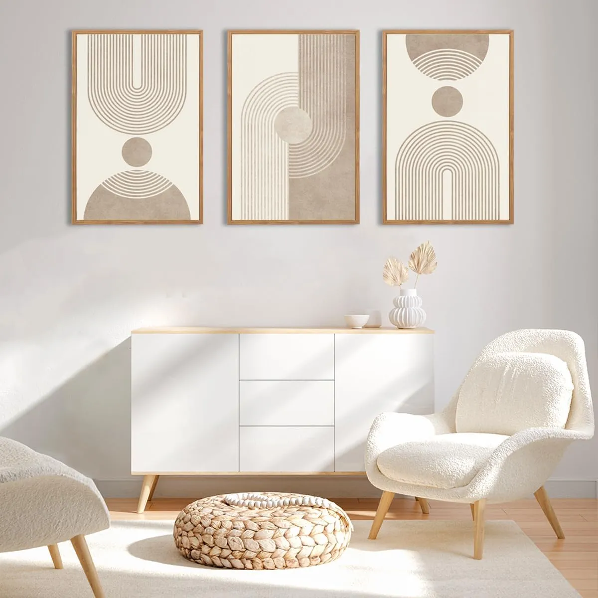 BINCUE Beige Neutral Canvas Wall Art Framed Geometric Abstract Wall Decor Mid Century Modern Artwork Wall Decor for Living Room Bedroom Office 16"x24" Set 3 Gift