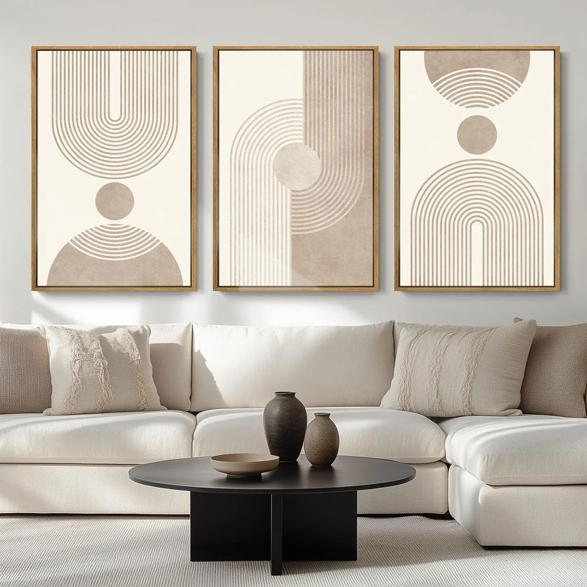 BINCUE Beige Neutral Canvas Wall Art Framed Geometric Abstract Wall Decor Mid Century Modern Artwork Wall Decor for Living Room Bedroom Office 16"x24" Set 3 Gift