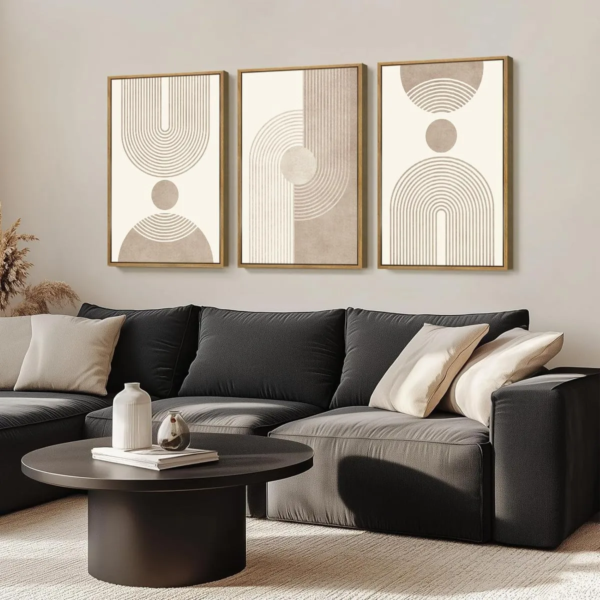 BINCUE Beige Neutral Canvas Wall Art Framed Geometric Abstract Wall Decor Mid Century Modern Artwork Wall Decor for Living Room Bedroom Office 16"x24" Set 3 Gift