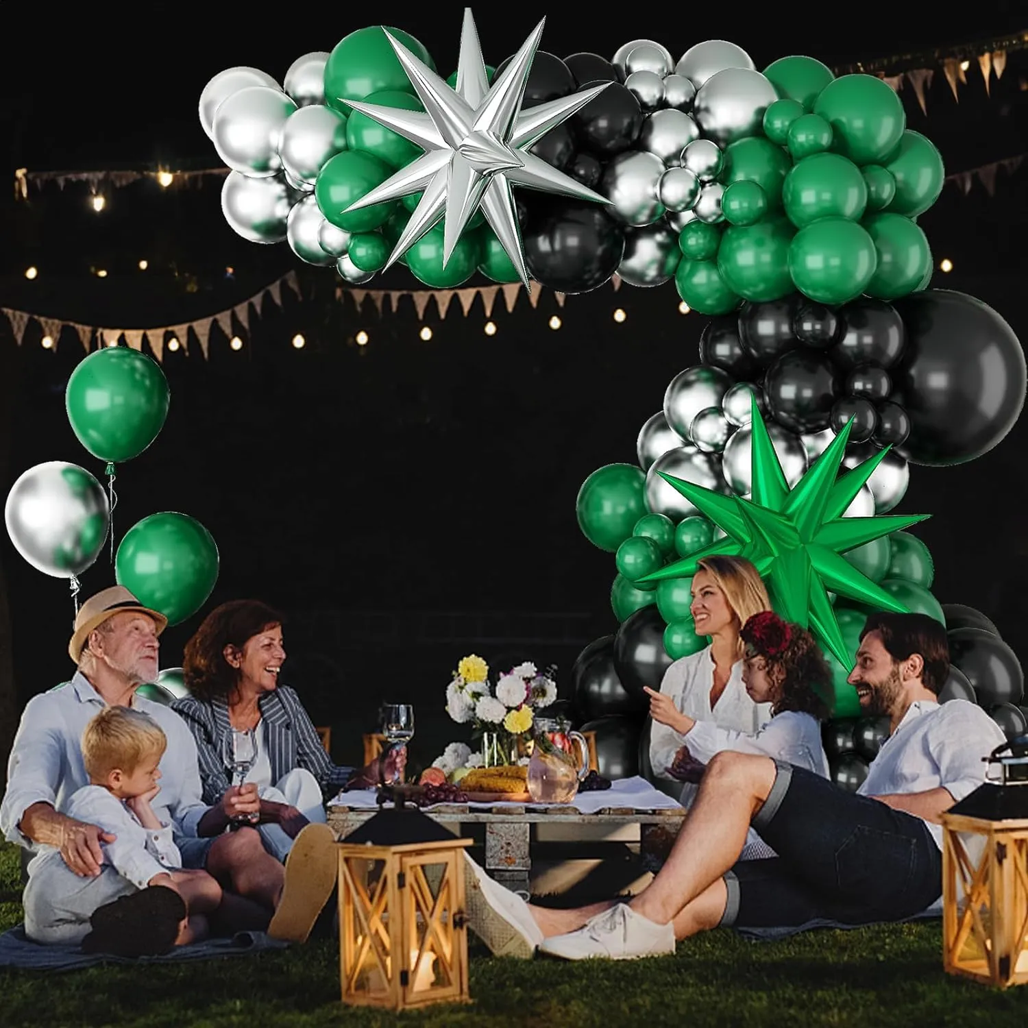 Black and Green Silver Balloon Arch Kit with Explosion Star Balloons, 105pcs Emerald Forst Green and Chrome Metallic Silver Balloons Garland for Wedding Birthday Football Graduation Party Decorations