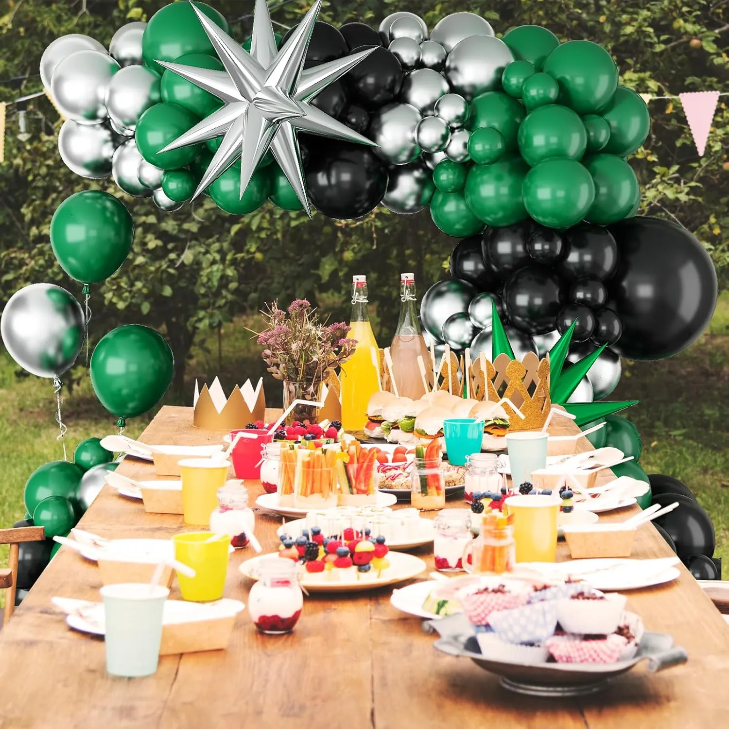 Black and Green Silver Balloon Arch Kit with Explosion Star Balloons, 105pcs Emerald Forst Green and Chrome Metallic Silver Balloons Garland for Wedding Birthday Football Graduation Party Decorations
