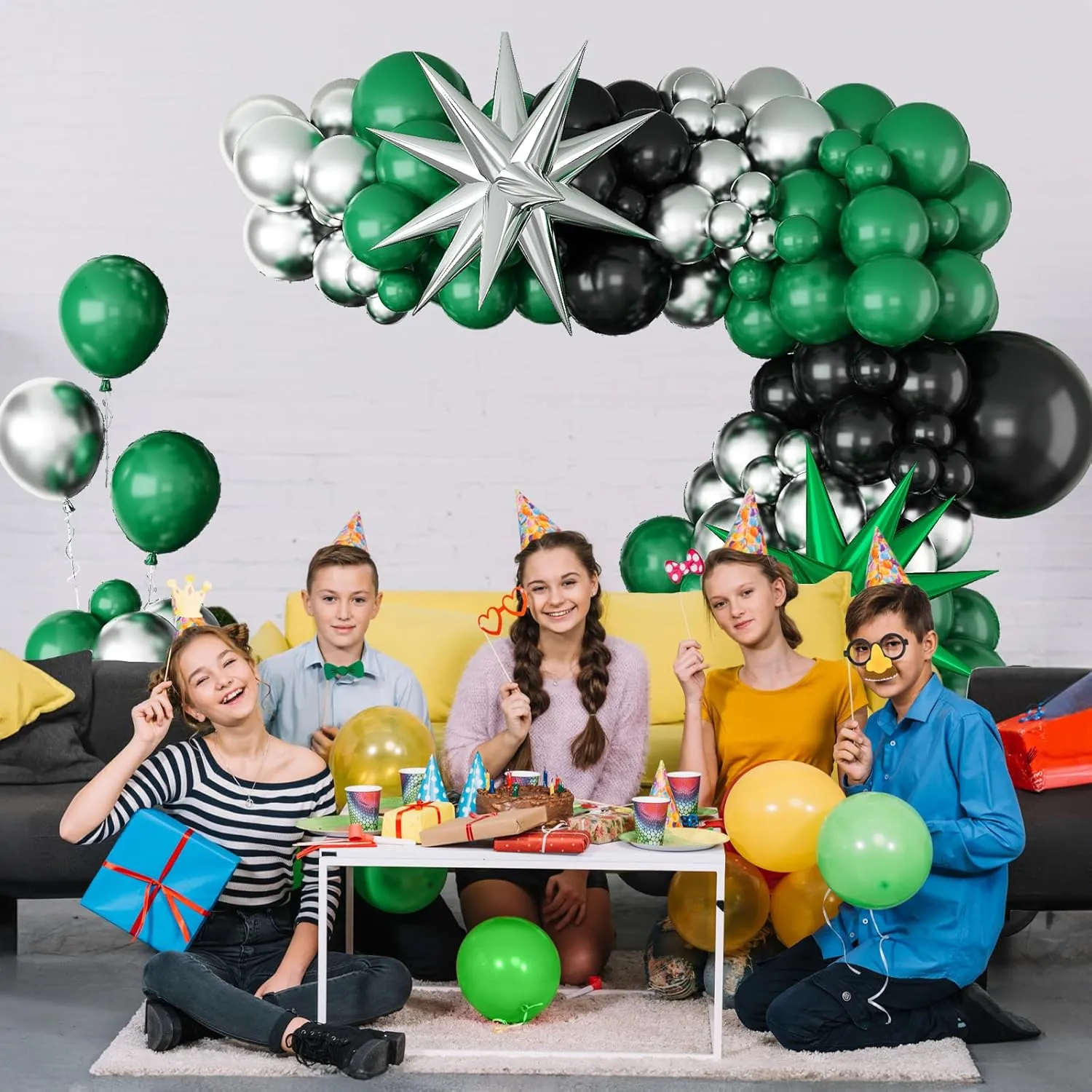 Black and Green Silver Balloon Arch Kit with Explosion Star Balloons, 105pcs Emerald Forst Green and Chrome Metallic Silver Balloons Garland for Wedding Birthday Football Graduation Party Decorations