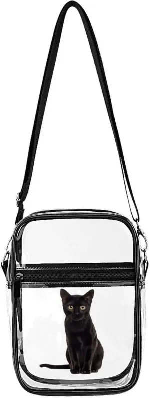 Black Cat Clear Crossbody Bag Stadium Bag Adjustable Side Shoulder Bags Messenger Bag with 2 Compartments