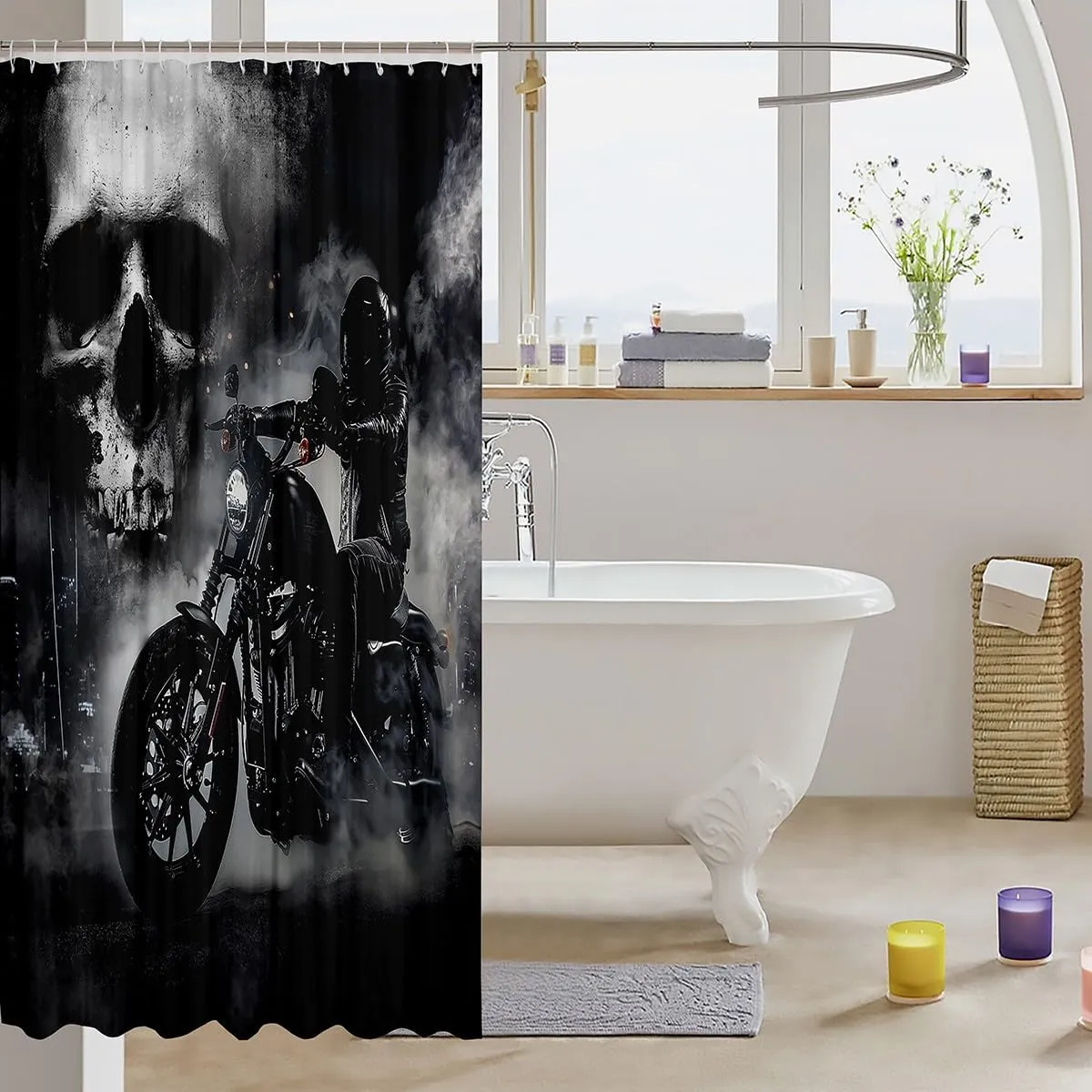 Black Motorcycle Rider Shower Curtain Gray Skull and Mist Decor Bath Curtain Extreme Sport for Boys Teens Men Microfiber Waterproof Fabric with Hooks for Stalls Bathtubs Bathroom, 72Wx78L inch