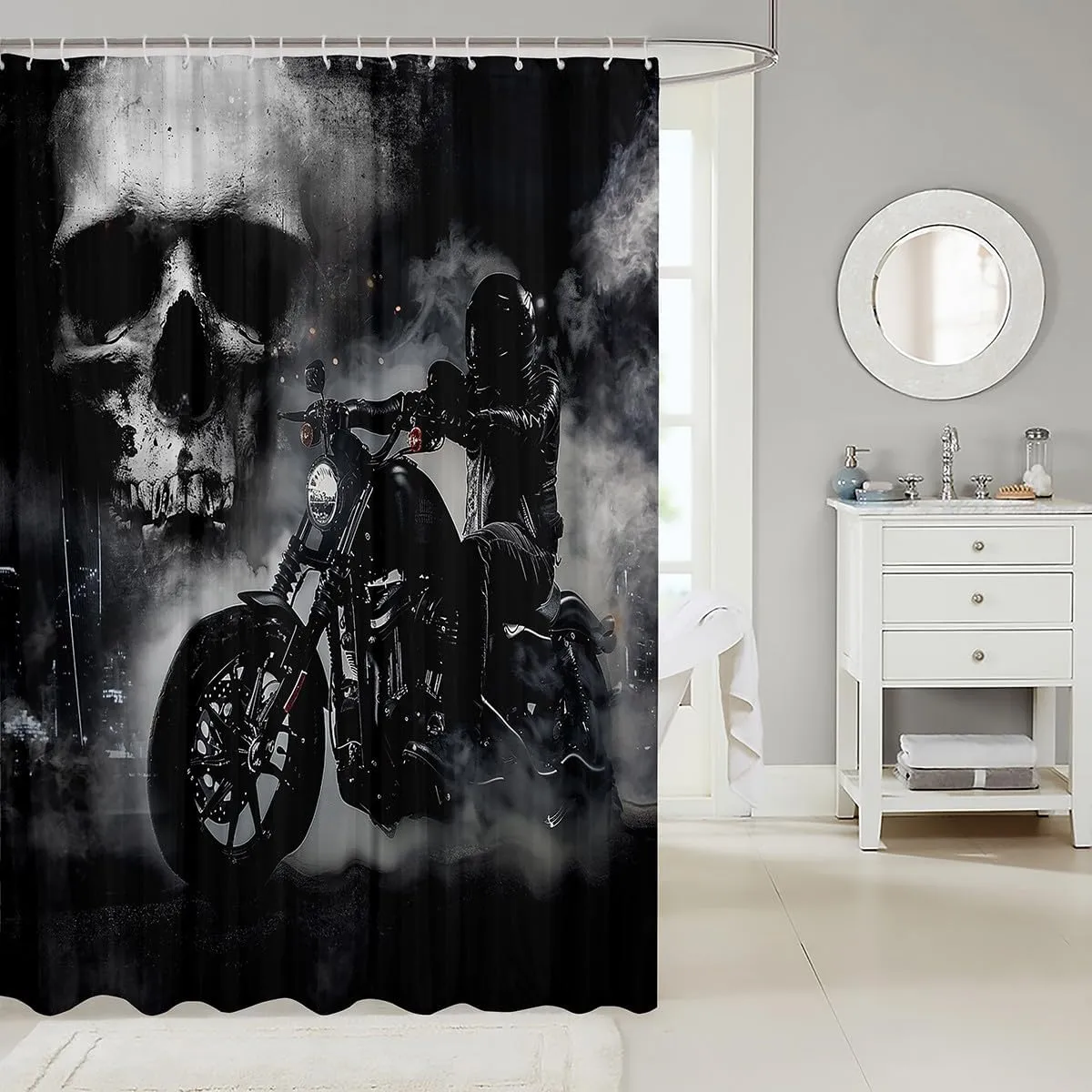 Black Motorcycle Rider Shower Curtain Gray Skull and Mist Decor Bath Curtain Extreme Sport for Boys Teens Men Microfiber Waterproof Fabric with Hooks for Stalls Bathtubs Bathroom, 72Wx78L inch