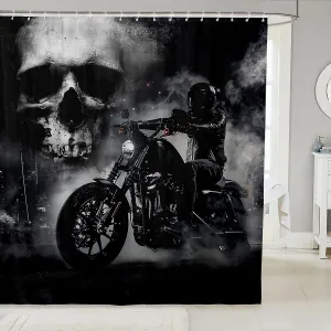 Black Motorcycle Rider Shower Curtain Gray Skull and Mist Decor Bath Curtain Extreme Sport for Boys Teens Men Microfiber Waterproof Fabric with Hooks for Stalls Bathtubs Bathroom, 72Wx78L inch