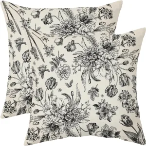 Black Vintage Floral Pillow Covers 16x16 Set of 2 Chinoiserie Black Cream Flowers Outdoor Decorative Throw Pillows Country Pillowcases Linen Cushion Case Decor for Home Sofa Couch Bed