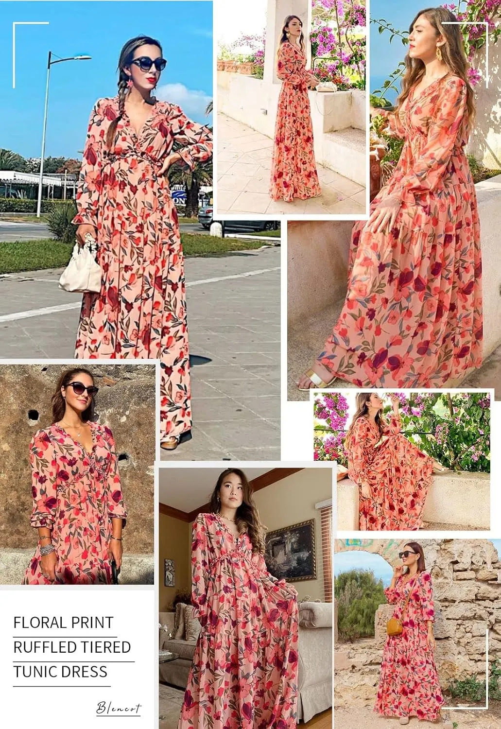 BLENCOT Womens Casual Boho Deep V Neck Short Sleeve Long Dress