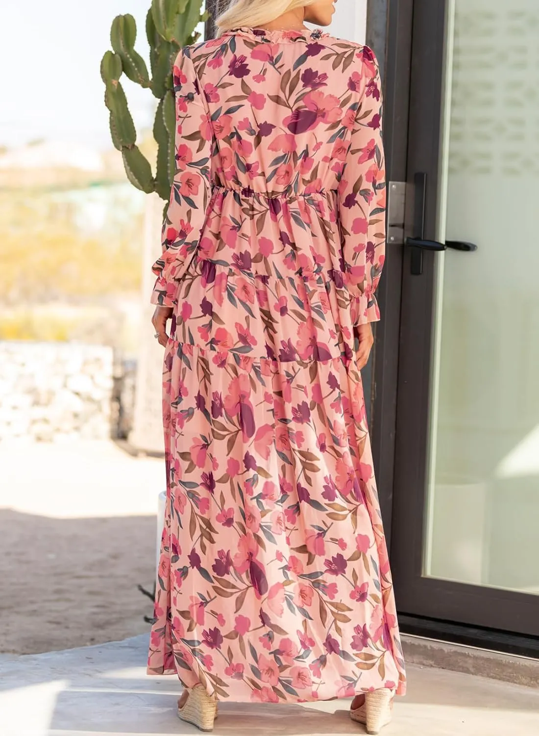 BLENCOT Womens Casual Boho Deep V Neck Short Sleeve Long Dress