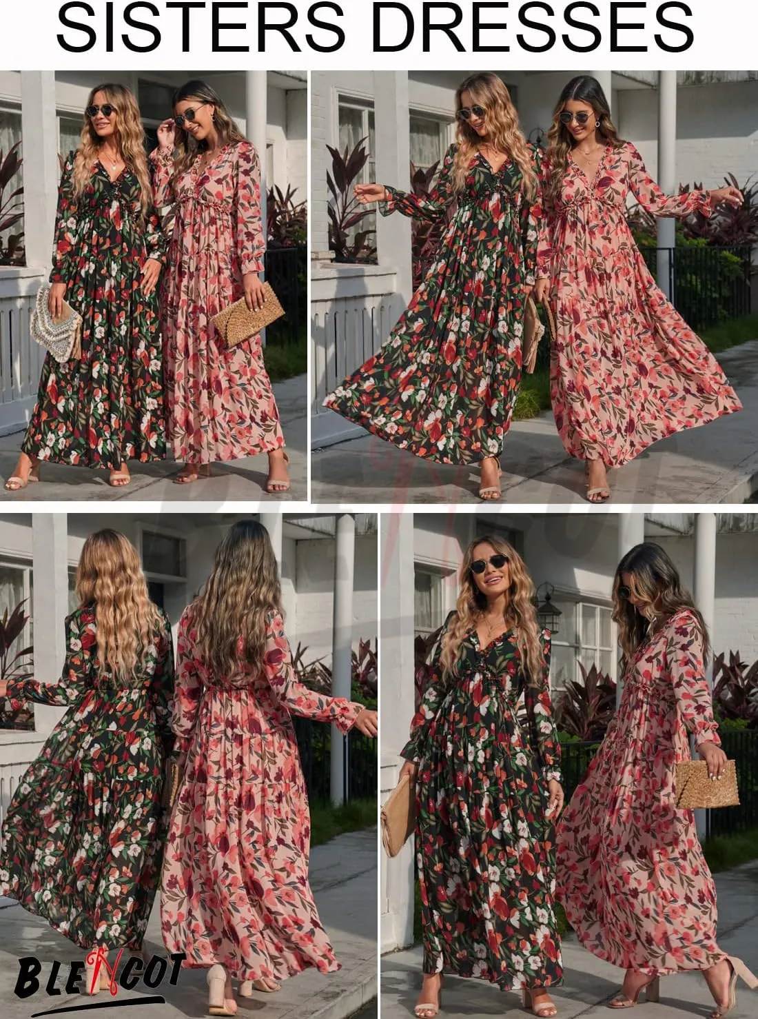 BLENCOT Womens Casual Boho Deep V Neck Short Sleeve Long Dress