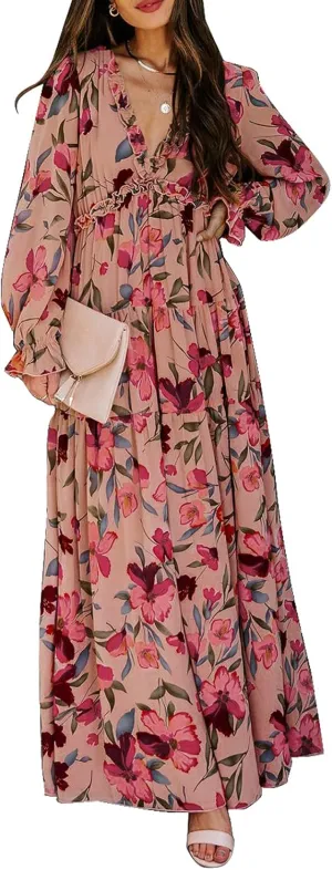 BLENCOT Womens Casual Boho Deep V Neck Short Sleeve Long Dress