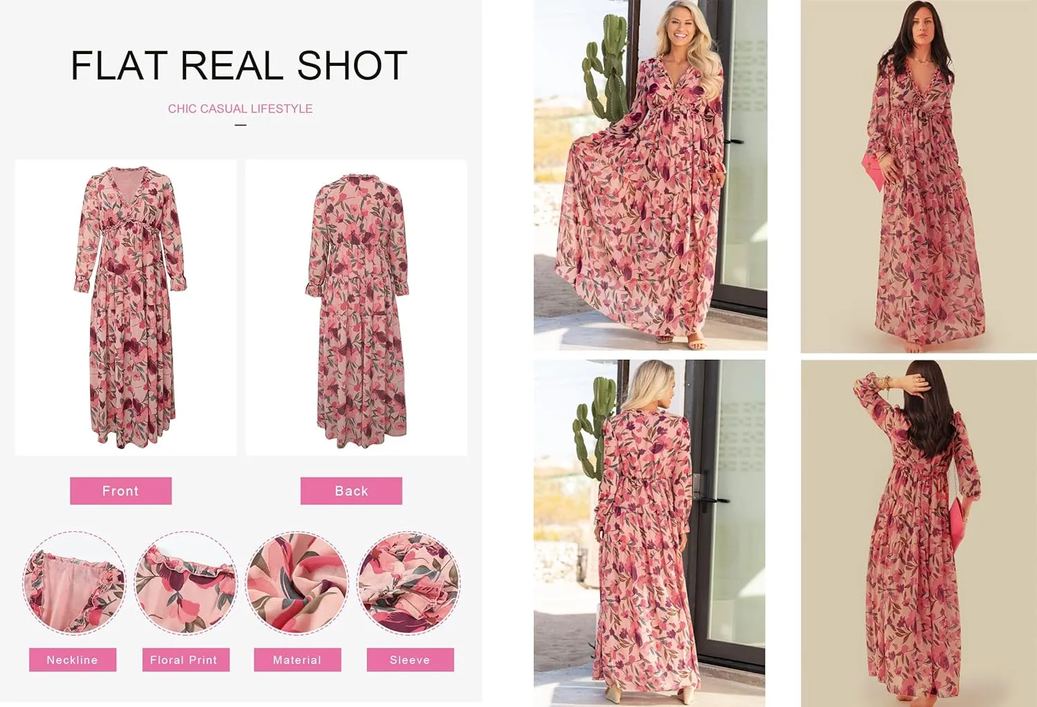 BLENCOT Womens Casual Boho Deep V Neck Short Sleeve Long Dress