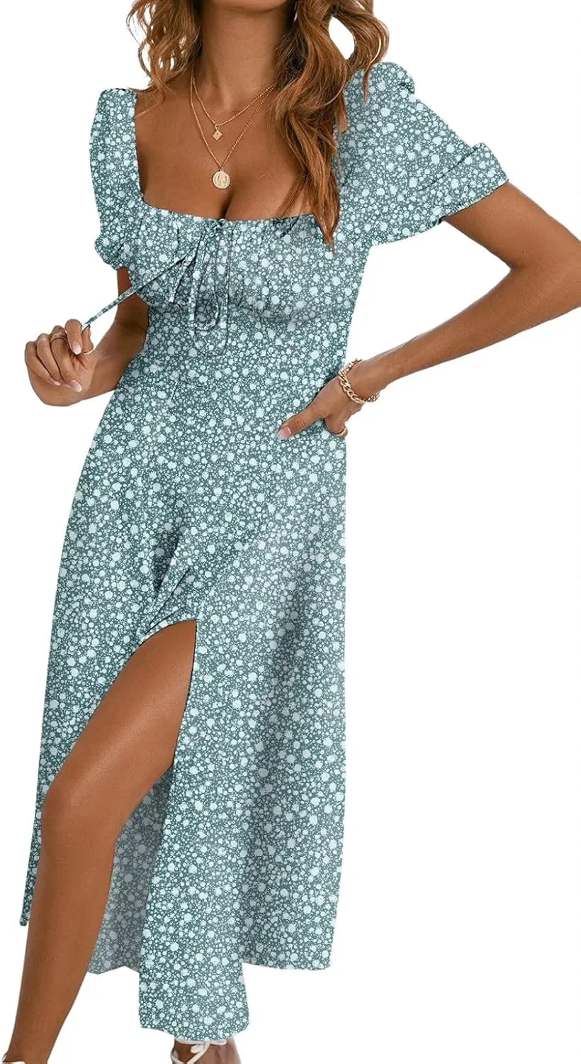 BLENCOT Womens Casual Summer Square Neck Short Sleeve Split Thigh Dress Boho Floral Print Tie Front Midi Dresses