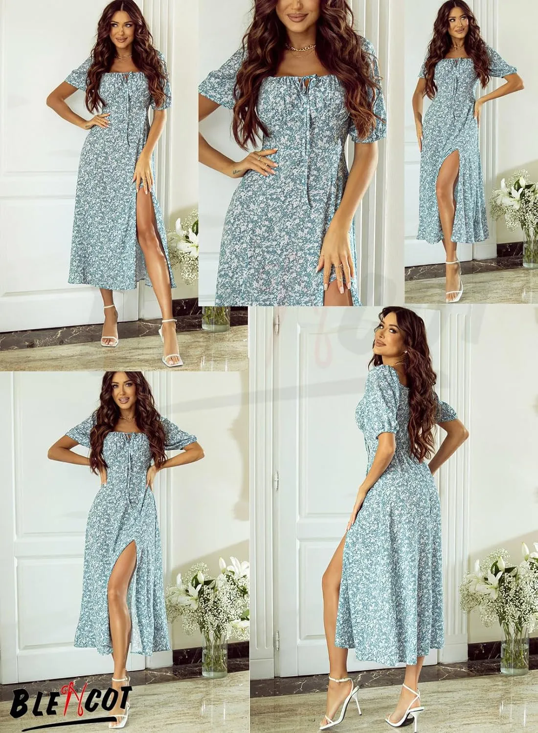 BLENCOT Womens Casual Summer Square Neck Short Sleeve Split Thigh Dress Boho Floral Print Tie Front Midi Dresses