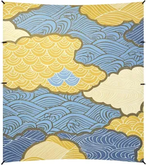 Blue and Gold Japanese Waves and Clouds Beach Cabana UPF50 Easy Setup Sun Shade with Sand Shovel for Backyard, Grassland, Park