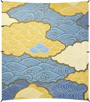 Blue and Gold Japanese Waves and Clouds Foldable Beach Tent UPF50  Protection Waterproof Portable Sunshade Includes Sand Shovel, Sandbags, Stability Poles for Backyard, Grassland, Park