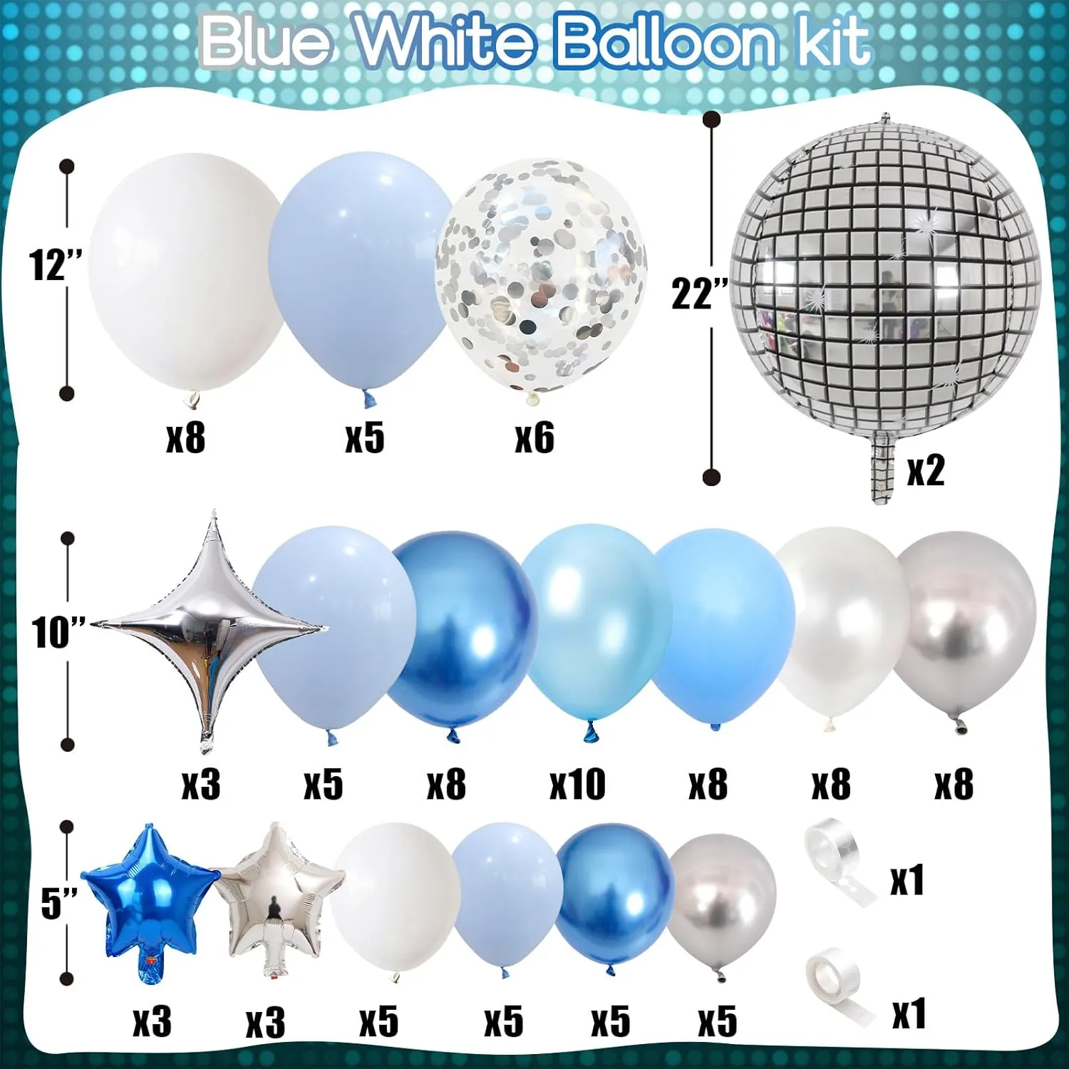 Blue Balloon Arch kit, Blue and White Balloon Garland with 22 Inch Disco Ball Balloons Metallic Silver Star Foil Balloons, Silver Confetti Balloons Metallic Blue Balloon for 80s Disco Party Decoration