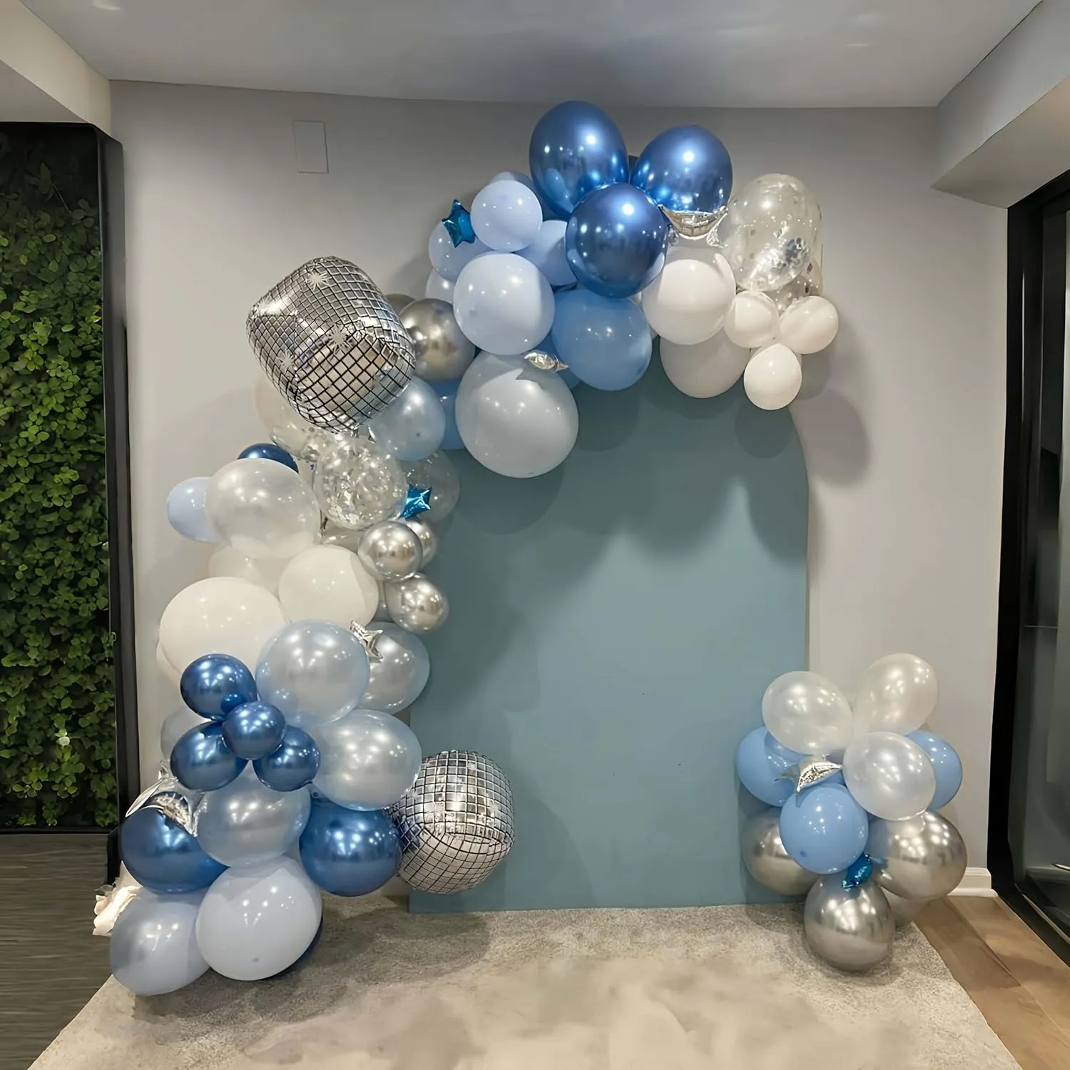 Blue Balloon Arch kit, Blue and White Balloon Garland with 22 Inch Disco Ball Balloons Metallic Silver Star Foil Balloons, Silver Confetti Balloons Metallic Blue Balloon for 80s Disco Party Decoration
