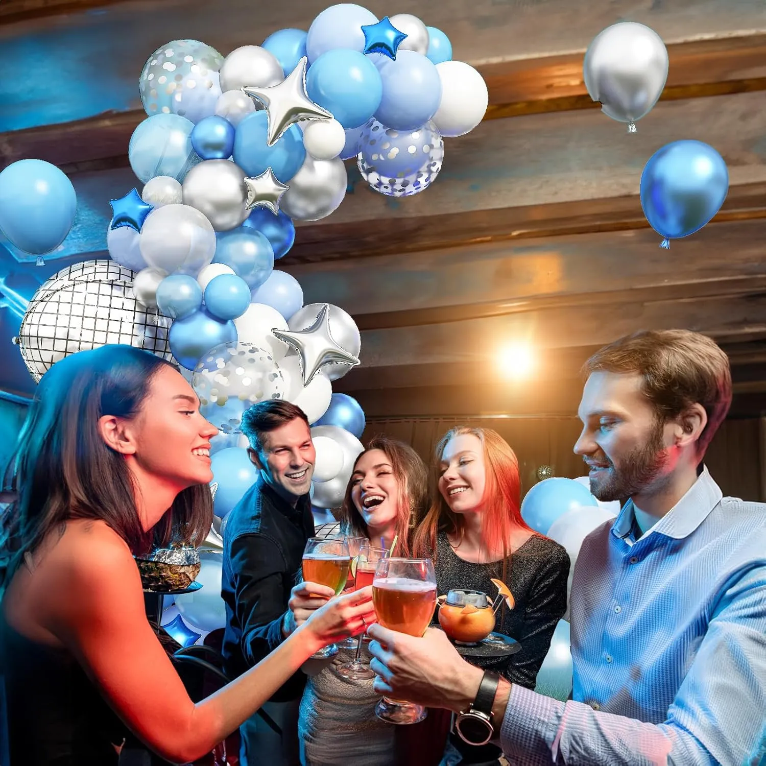 Blue Balloon Arch kit, Blue and White Balloon Garland with 22 Inch Disco Ball Balloons Metallic Silver Star Foil Balloons, Silver Confetti Balloons Metallic Blue Balloon for 80s Disco Party Decoration
