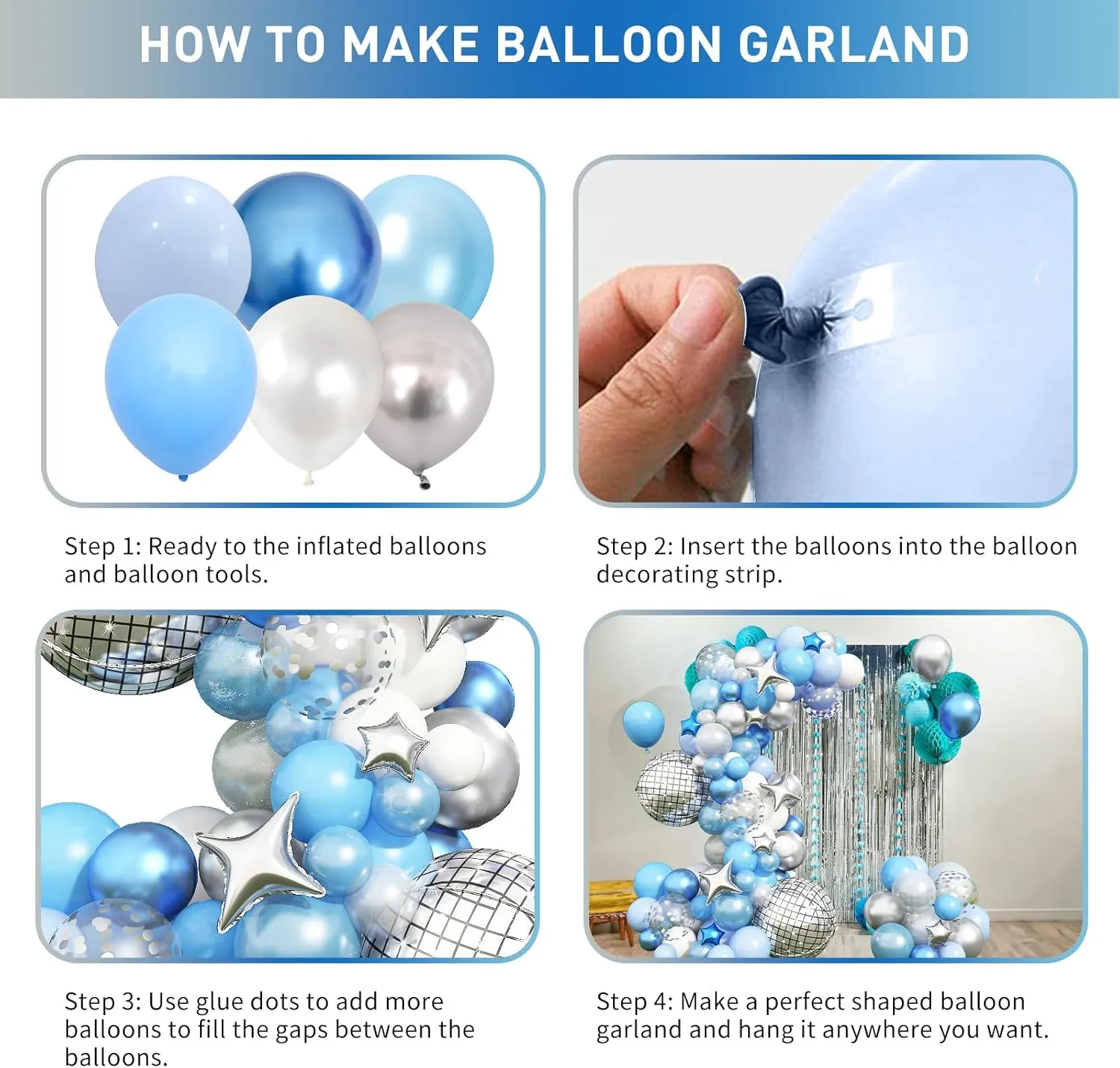 Blue Balloon Arch kit, Blue and White Balloon Garland with 22 Inch Disco Ball Balloons Metallic Silver Star Foil Balloons, Silver Confetti Balloons Metallic Blue Balloon for 80s Disco Party Decoration