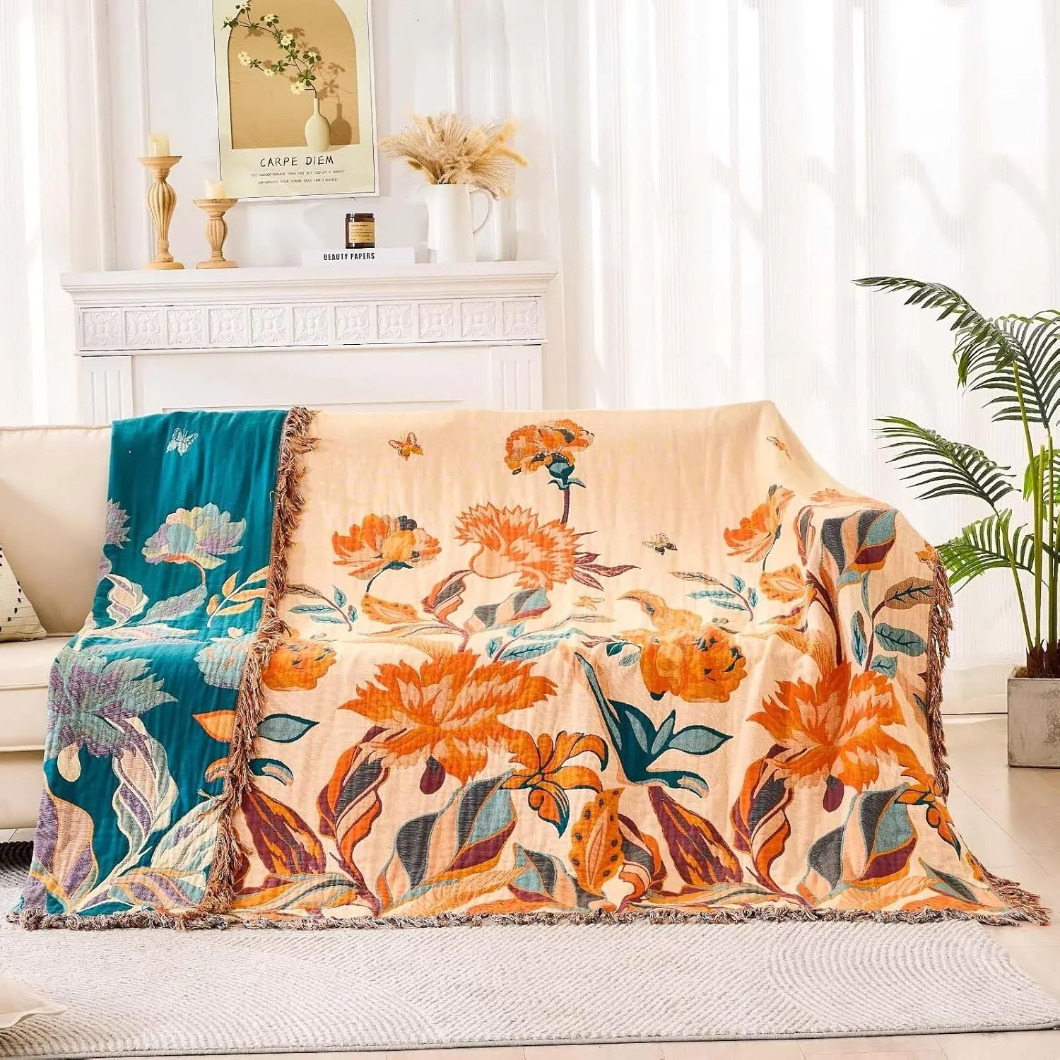 Boho Throw Blanket for Bed, 100% Cotton Soft Rustic Quilt Fall Blanket, 60"x80" Floral Printed Farmhouse Decor Bed Blankets, All Season Rustic Reversible Bohemian Throw Quilt