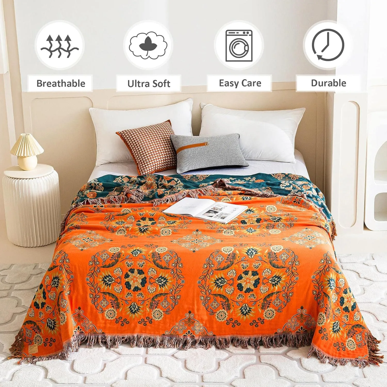 Boho Throw Blanket for Bed 100% Cotton Ultra Soft Rustic Quilt Floral Printed Farmhouse Decor Summer Bed Blankets,60"×80" All Season Rustic Large Throw for Sofa Couch Chair