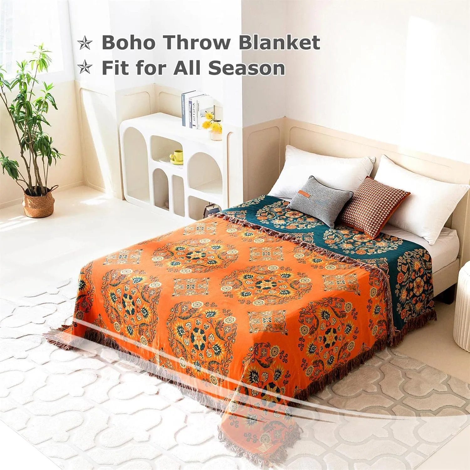 Boho Throw Blanket for Bed 100% Cotton Ultra Soft Rustic Quilt Floral Printed Farmhouse Decor Summer Bed Blankets,60"×80" All Season Rustic Large Throw for Sofa Couch Chair