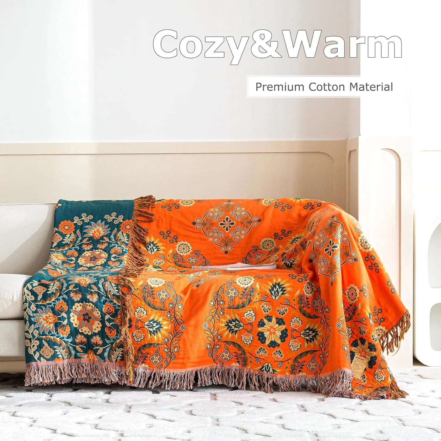Boho Throw Blanket for Bed 100% Cotton Ultra Soft Rustic Quilt Floral Printed Farmhouse Decor Summer Bed Blankets,60"×80" All Season Rustic Large Throw for Sofa Couch Chair