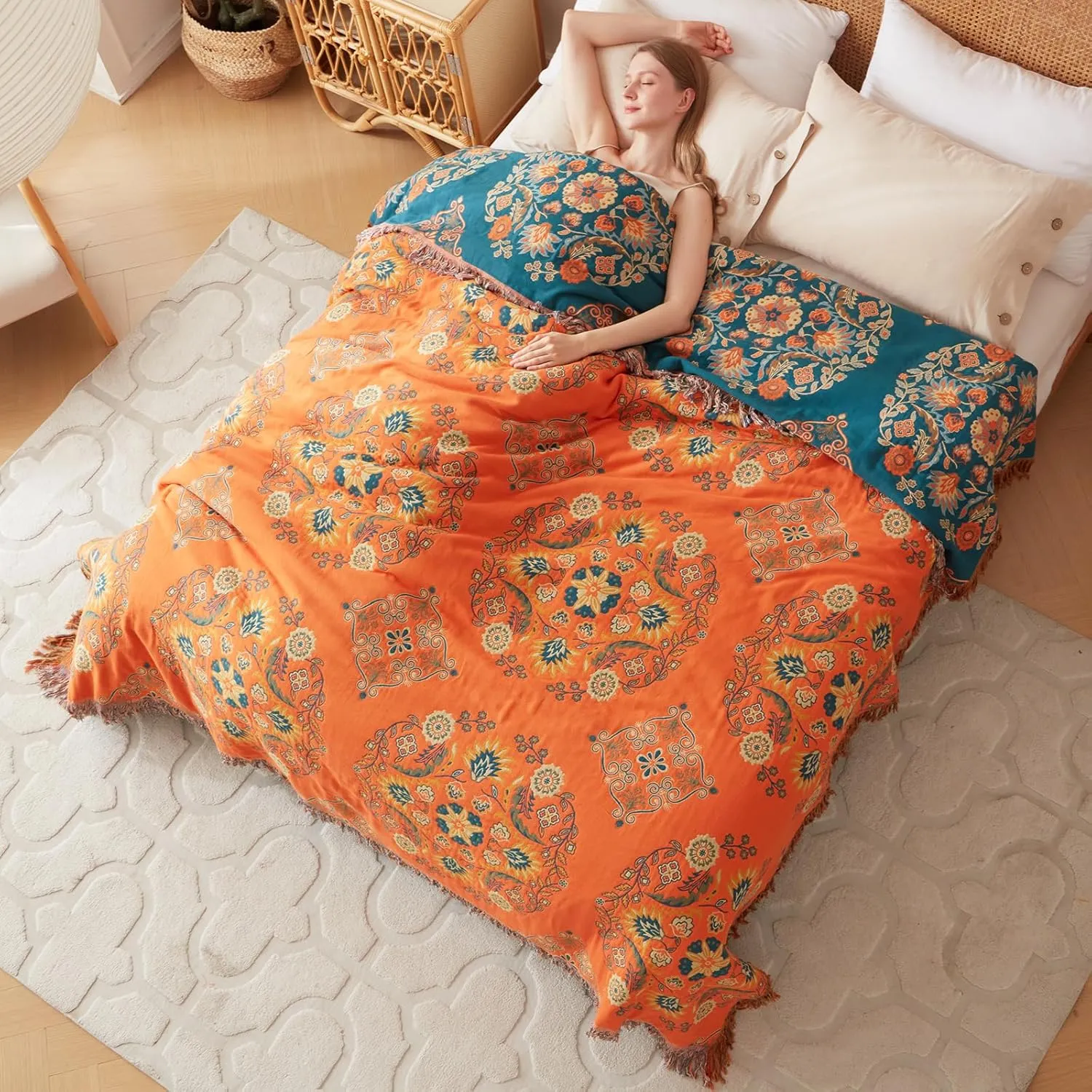 Boho Throw Blanket for Bed 100% Cotton Ultra Soft Rustic Quilt Floral Printed Farmhouse Decor Summer Bed Blankets,60"×80" All Season Rustic Large Throw for Sofa Couch Chair