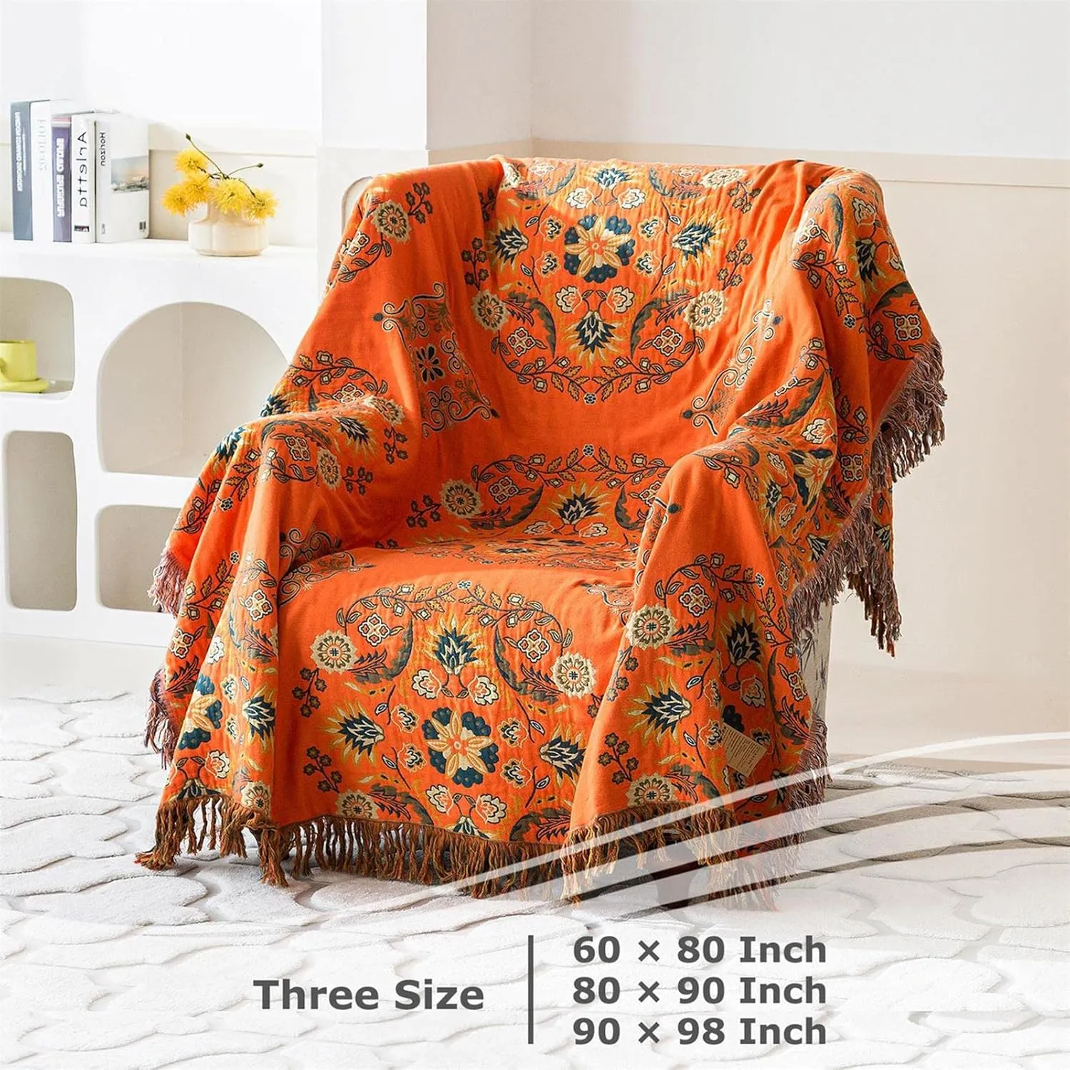 Boho Throw Blanket for Bed 100% Cotton Ultra Soft Rustic Quilt Floral Printed Farmhouse Decor Summer Bed Blankets,60"×80" All Season Rustic Large Throw for Sofa Couch Chair