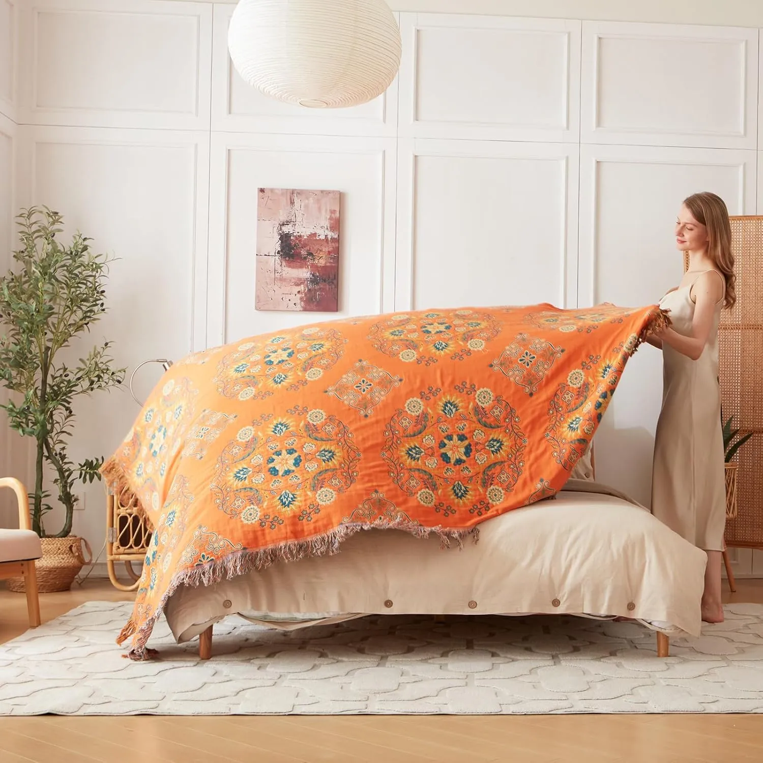 Boho Throw Blanket for Bed 100% Cotton Ultra Soft Rustic Quilt Floral Printed Farmhouse Decor Summer Bed Blankets,60"×80" All Season Rustic Large Throw for Sofa Couch Chair