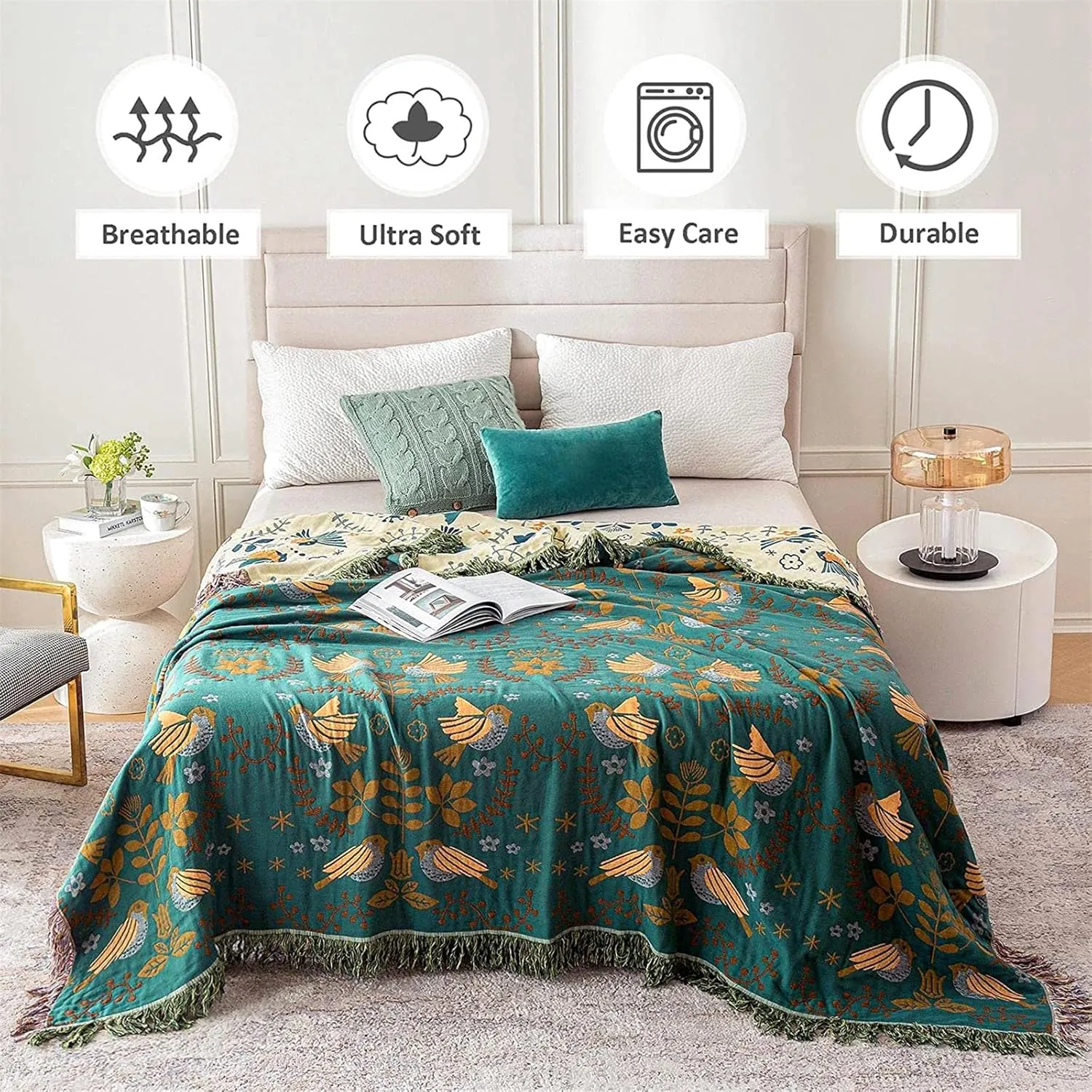 Boho Throw Blanket for Bed 100% Cotton Ultra Soft Rustic Quilt Queen Blanket Bird Floral Printed Farmhouse Decor Large Summer Bed Blankets,90"×98" All Season Rustic Throw for Sofa Couch Chair