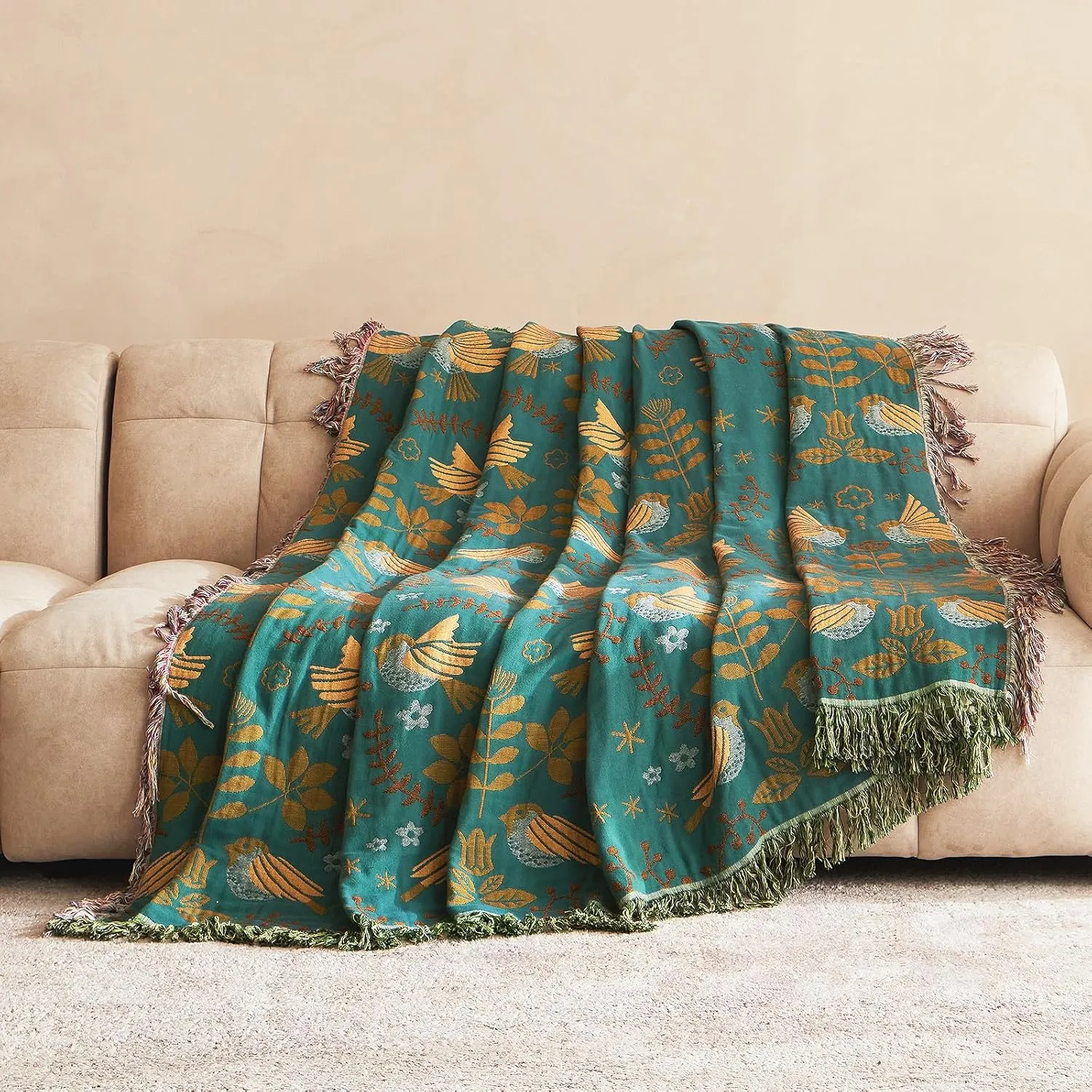 Boho Throw Blanket for Bed 100% Cotton Ultra Soft Rustic Quilt Queen Blanket Bird Floral Printed Farmhouse Decor Large Summer Bed Blankets,90"×98" All Season Rustic Throw for Sofa Couch Chair