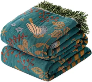 Boho Throw Blanket for Bed 100% Cotton Ultra Soft Rustic Quilt Queen Blanket Bird Floral Printed Farmhouse Decor Large Summer Bed Blankets,90"×98" All Season Rustic Throw for Sofa Couch Chair