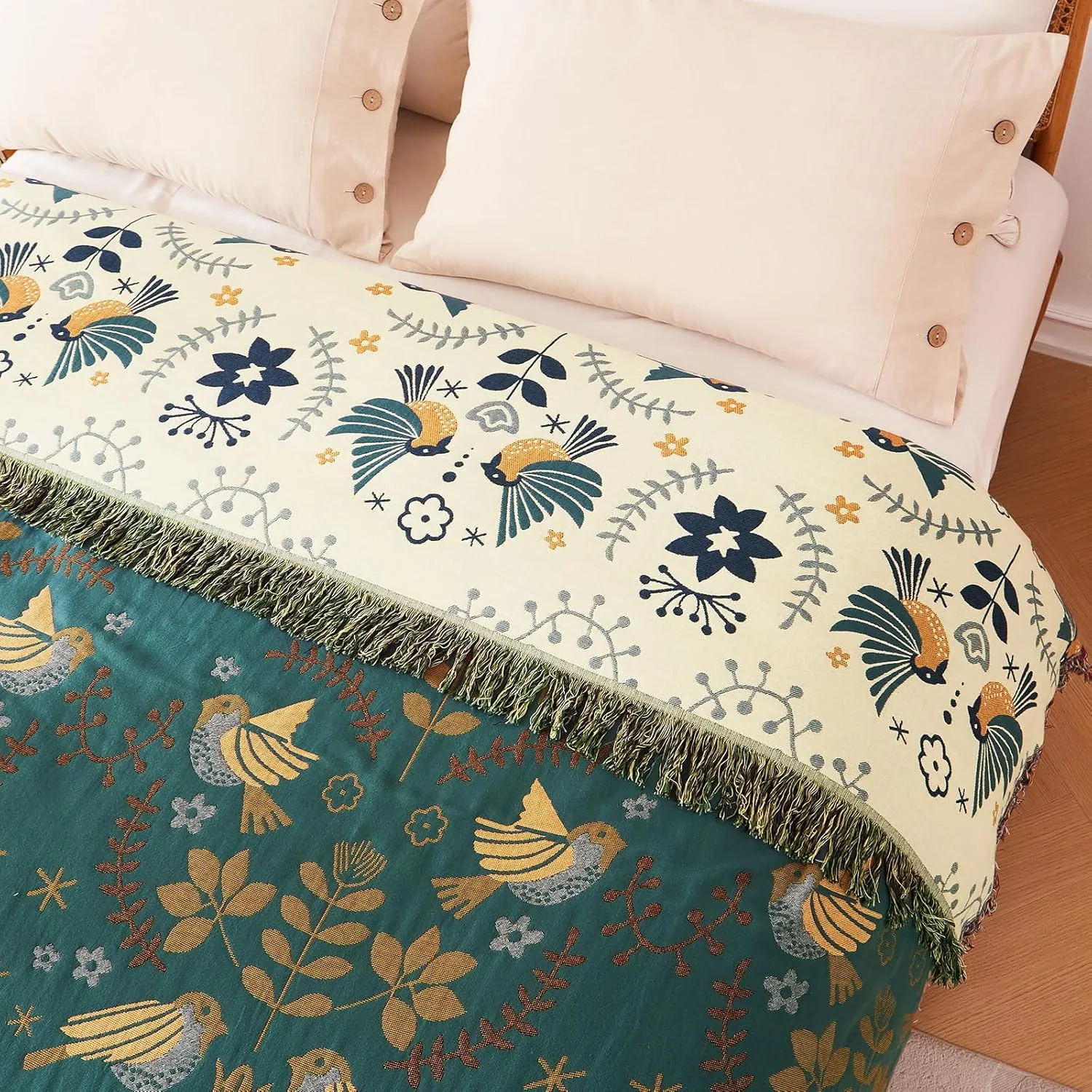 Boho Throw Blanket for Bed 100% Cotton Ultra Soft Rustic Quilt Queen Blanket Bird Floral Printed Farmhouse Decor Large Summer Bed Blankets,90"×98" All Season Rustic Throw for Sofa Couch Chair