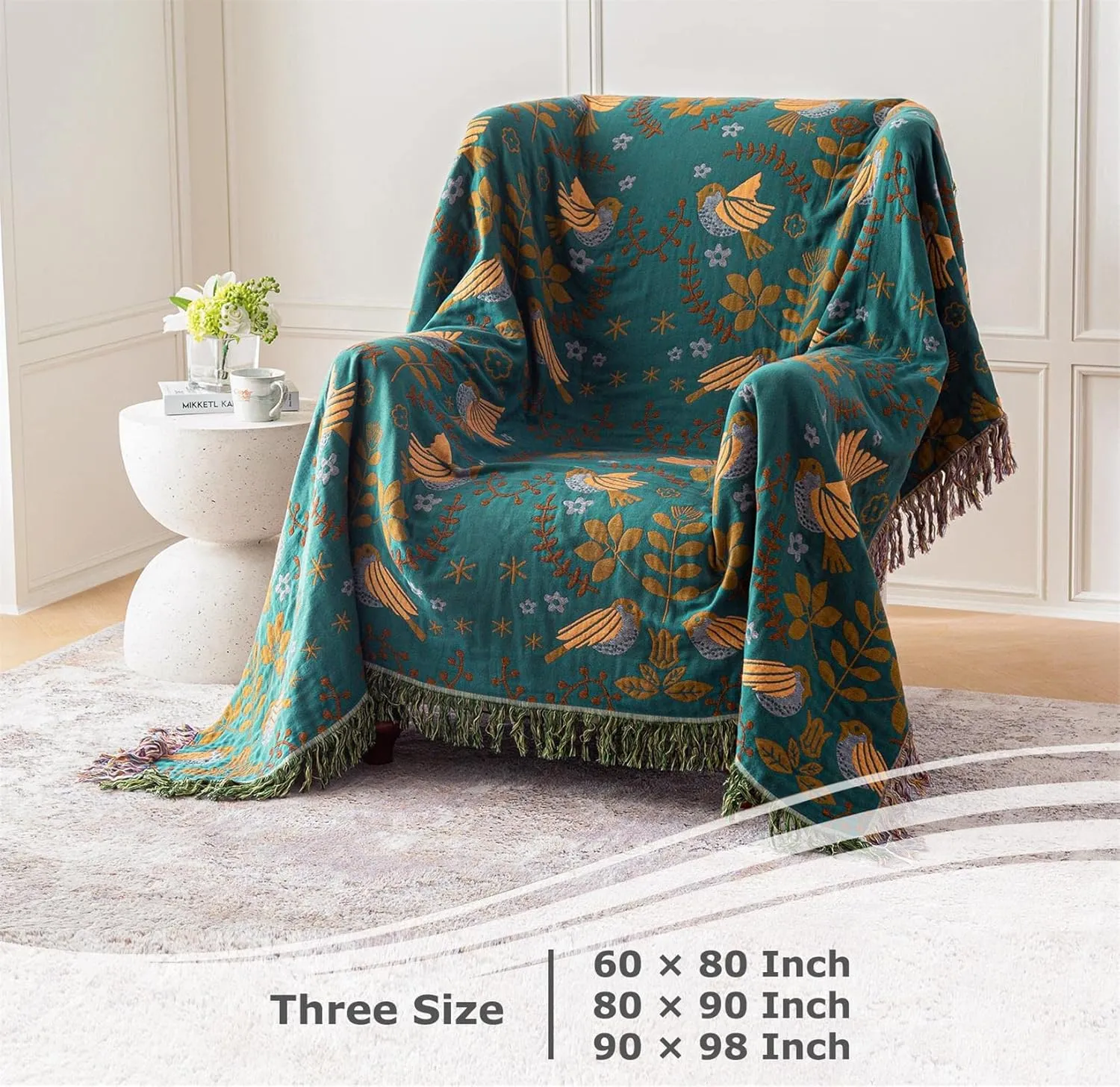 Boho Throw Blanket for Bed 100% Cotton Ultra Soft Rustic Quilt Queen Blanket Bird Floral Printed Farmhouse Decor Large Summer Bed Blankets,90"×98" All Season Rustic Throw for Sofa Couch Chair