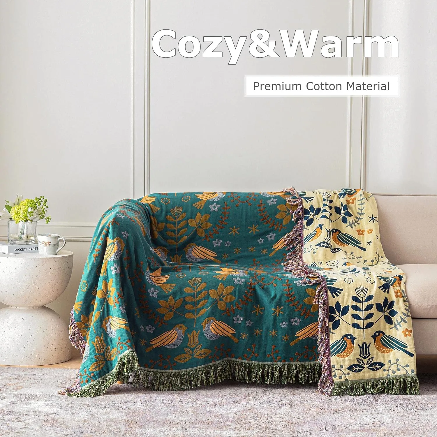 Boho Throw Blanket for Bed 100% Cotton Ultra Soft Rustic Quilt Queen Blanket Bird Floral Printed Farmhouse Decor Large Summer Bed Blankets,90"×98" All Season Rustic Throw for Sofa Couch Chair