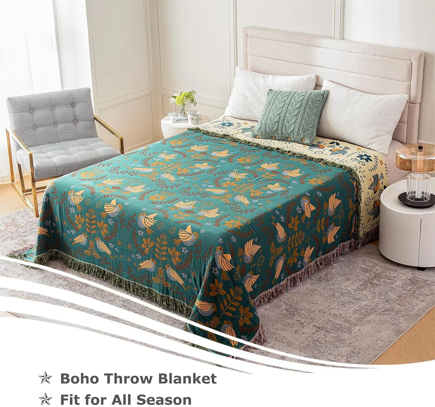Boho Throw Blanket for Bed 100% Cotton Ultra Soft Rustic Quilt Queen Blanket Bird Floral Printed Farmhouse Decor Large Summer Bed Blankets,90"×98" All Season Rustic Throw for Sofa Couch Chair