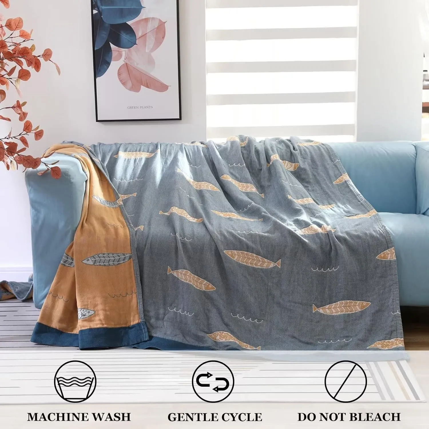Boho Throw Blanket for Bed 100% Cotton Ultra Soft Rustic Quilt Summer Blanket Fish Printed Farmhouse Decor Bed Blankets,60"×80" All Season Rustic Throw for Sofa Couch Chair