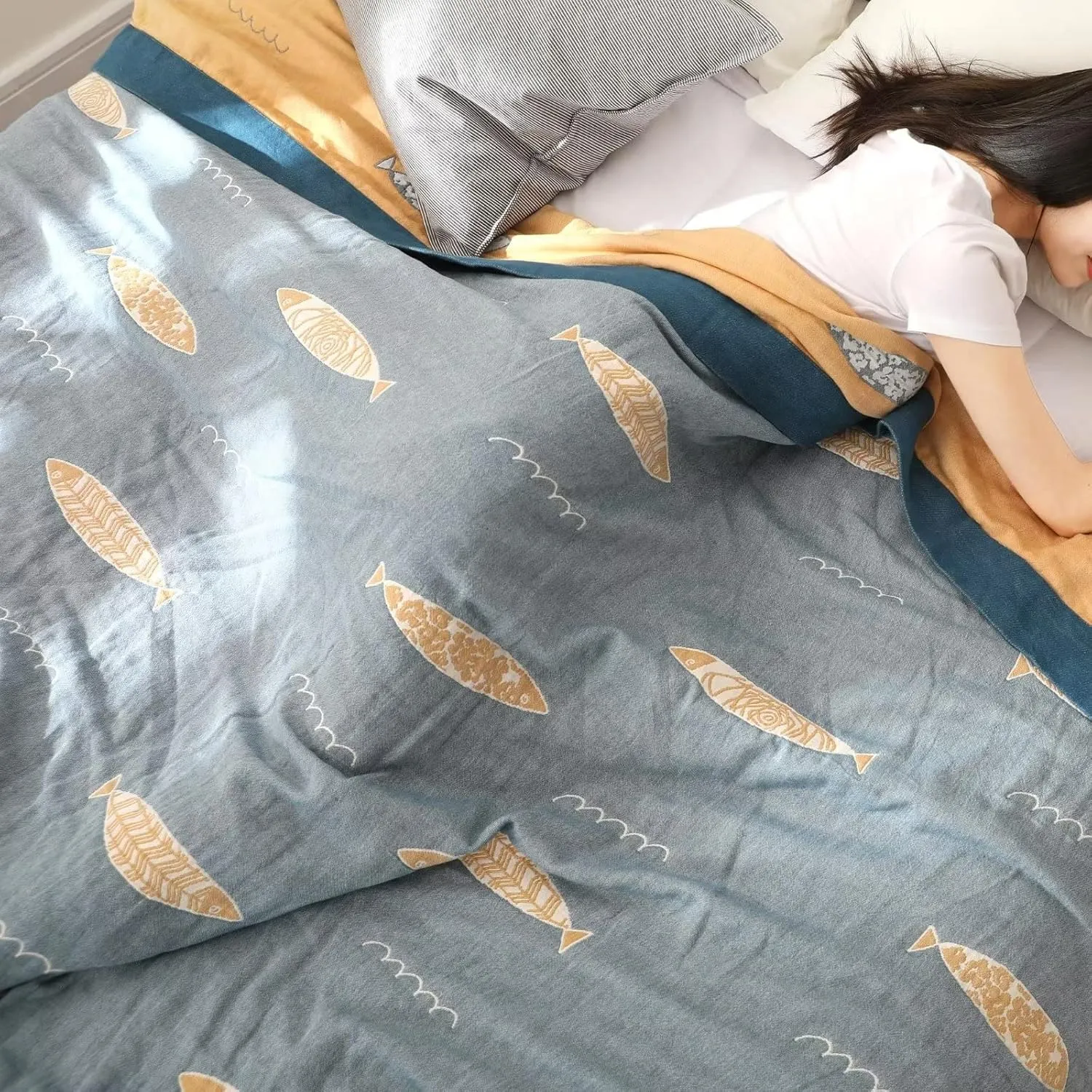 Boho Throw Blanket for Bed 100% Cotton Ultra Soft Rustic Quilt Summer Blanket Fish Printed Farmhouse Decor Bed Blankets,60"×80" All Season Rustic Throw for Sofa Couch Chair