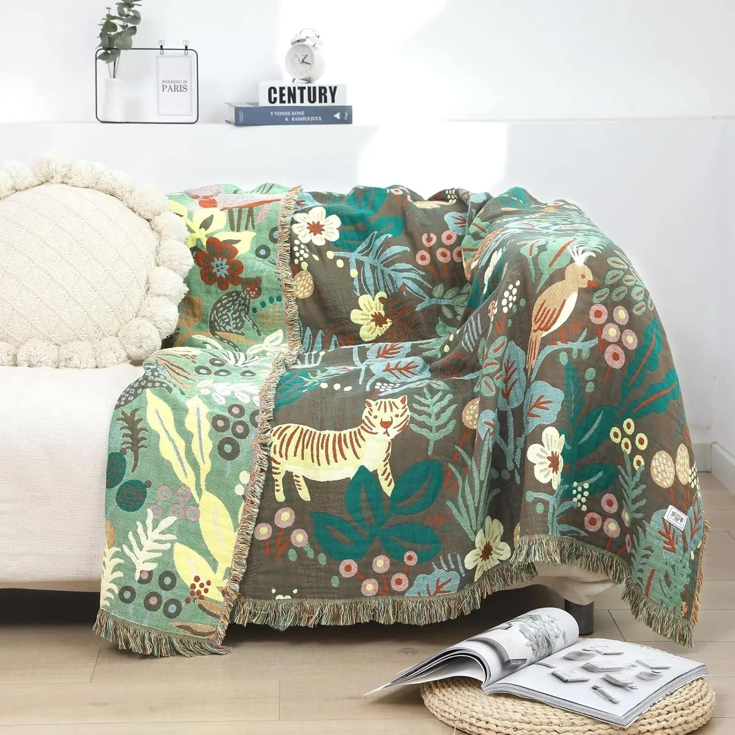 Boho Throw Blanket for Bed 100% Cotton Ultra Soft Rustic Quilt Summer Blanket Forest Tiger Printed Farmhouse Decor Bed Blankets,60"×80" All Season Rustic Throw for Sofa Couch Chair
