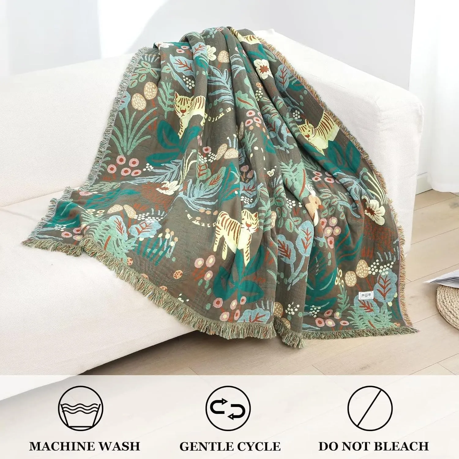 Boho Throw Blanket for Bed 100% Cotton Ultra Soft Rustic Quilt Summer Blanket Forest Tiger Printed Farmhouse Decor Bed Blankets,60"×80" All Season Rustic Throw for Sofa Couch Chair