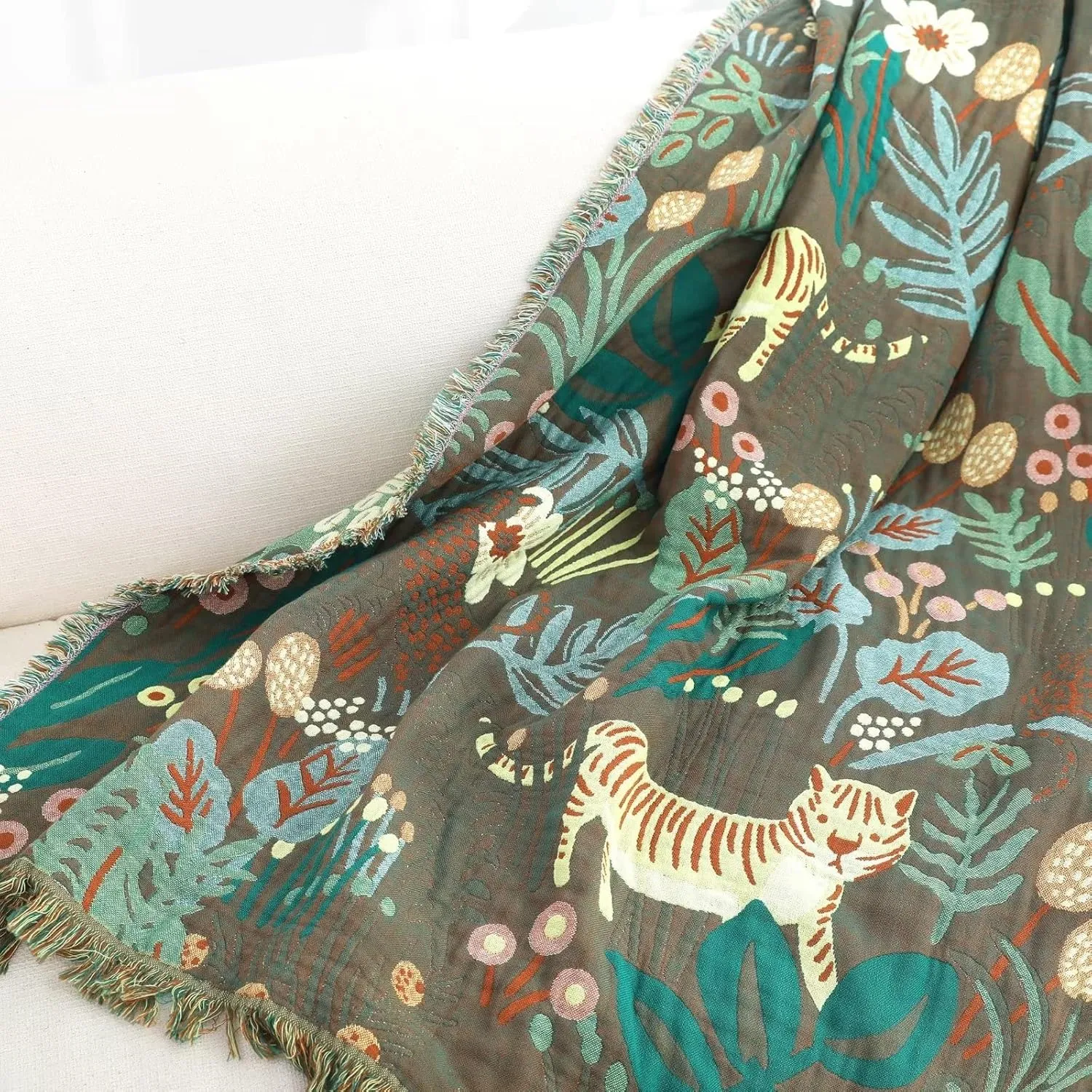 Boho Throw Blanket for Bed 100% Cotton Ultra Soft Rustic Quilt Summer Blanket Forest Tiger Printed Farmhouse Decor Bed Blankets,60"×80" All Season Rustic Throw for Sofa Couch Chair